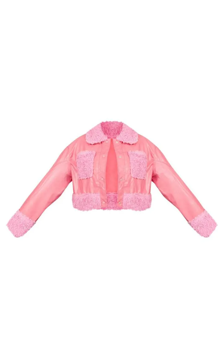 PrettyLittleThing Faux Leather Jackets*Borg Pocket Front Faux Leather Cropped Coat