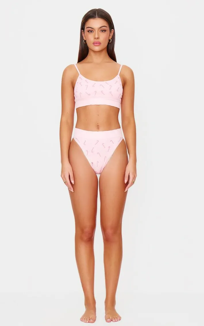 Pink Candy Cane Print Ribbed Thong