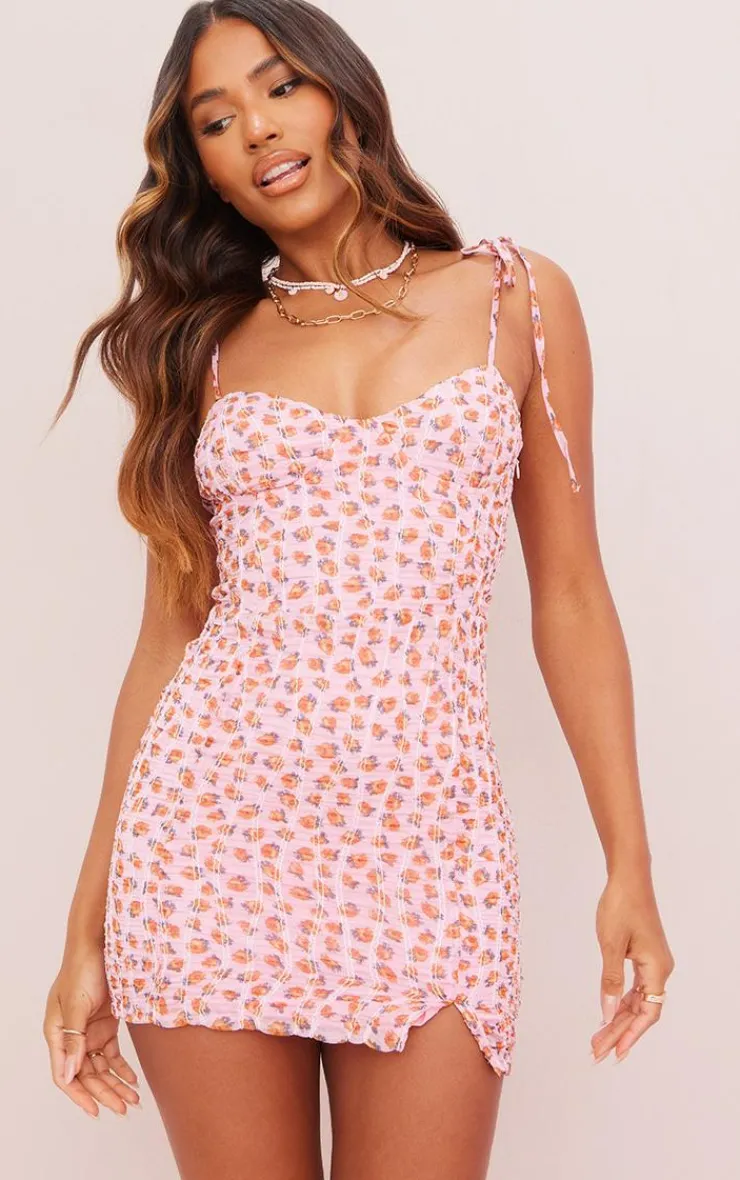 Floral Ditsy Chiffon Cup Detail Tie Strap Bodycon Dress-PrettyLittleThing Online