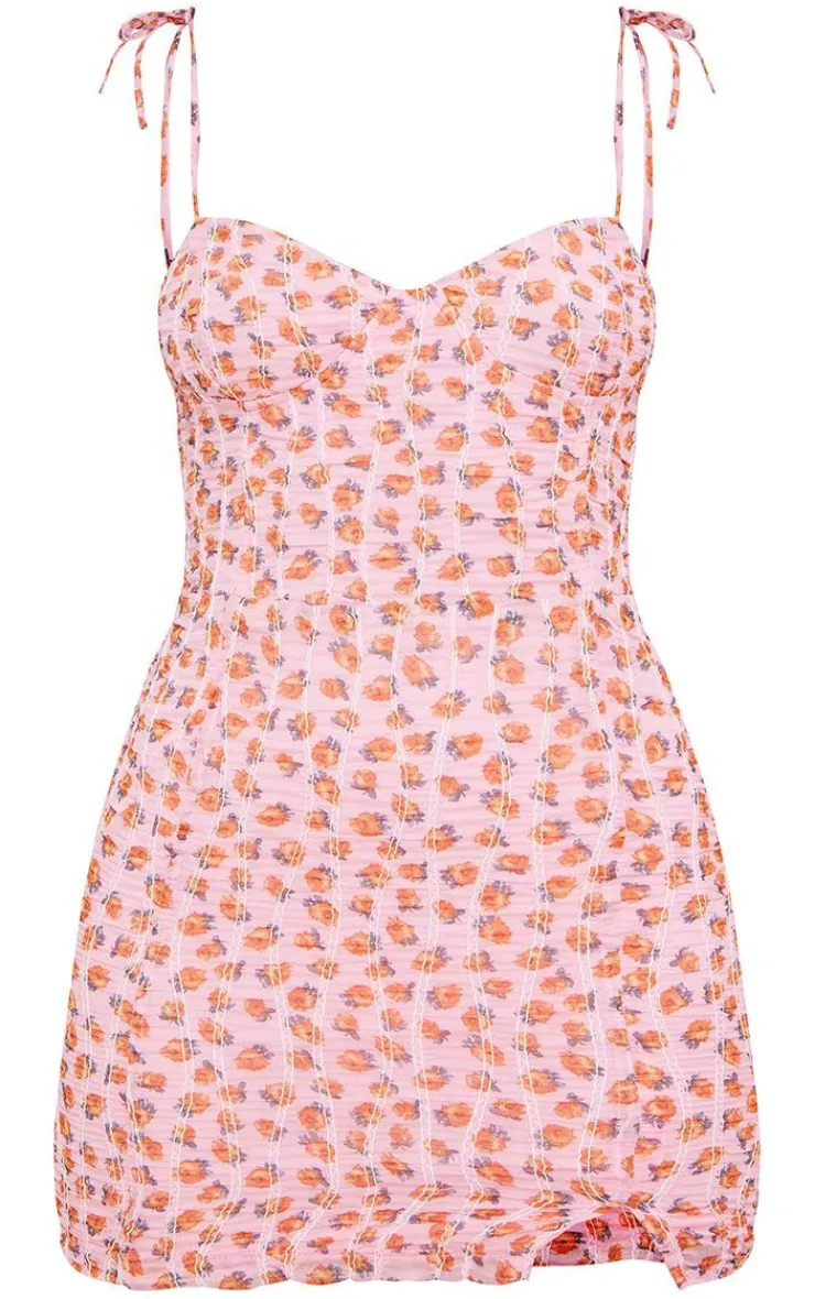 Floral Ditsy Chiffon Cup Detail Tie Strap Bodycon Dress-PrettyLittleThing Online