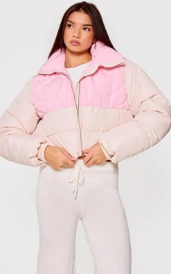 PrettyLittleThing Puffer Jackets*Heart Detail Color Block Puffer Coat