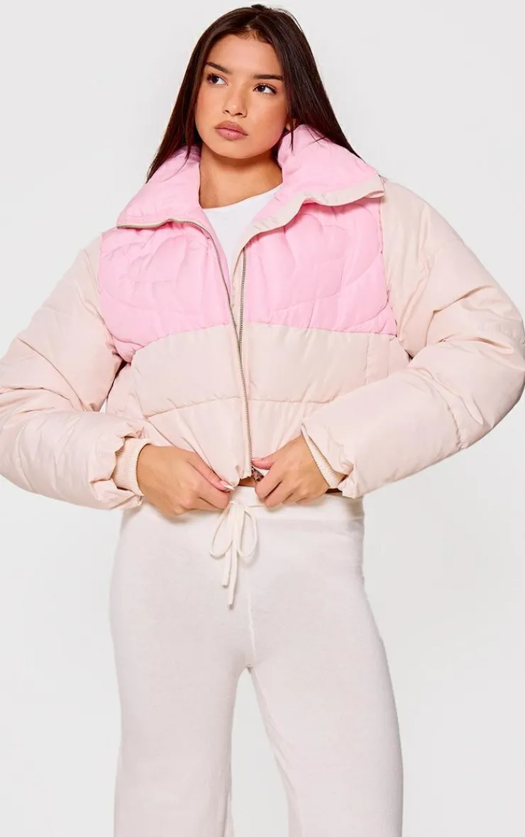 PrettyLittleThing Puffer Jackets*Heart Detail Color Block Puffer Coat