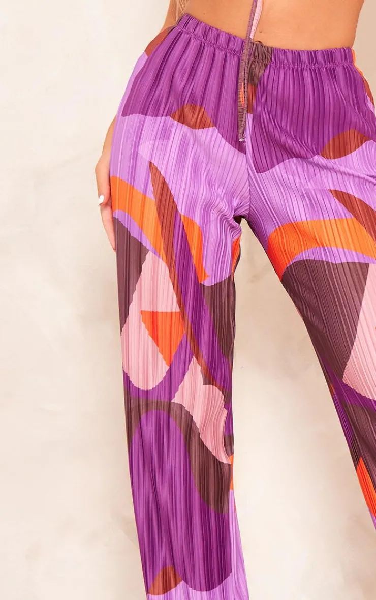 PrettyLittleThing Print Plisse High Waist Wide Leg Pants Pink