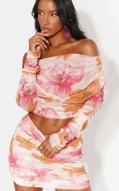 Discount PrettyLittleThing Printed Mesh Ruched Micro Mini Skirt Pink