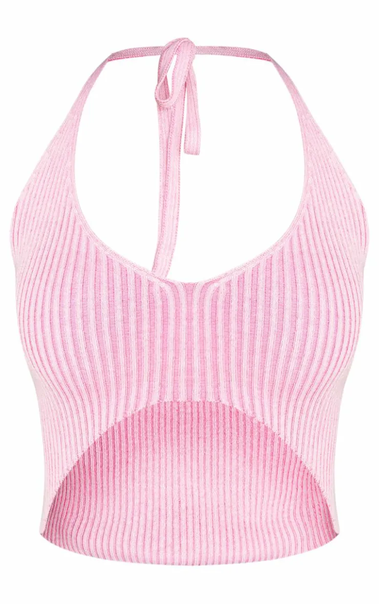 PrettyLittleThing Knitted Tops*Rib Knit Cut Out Halterneck Top