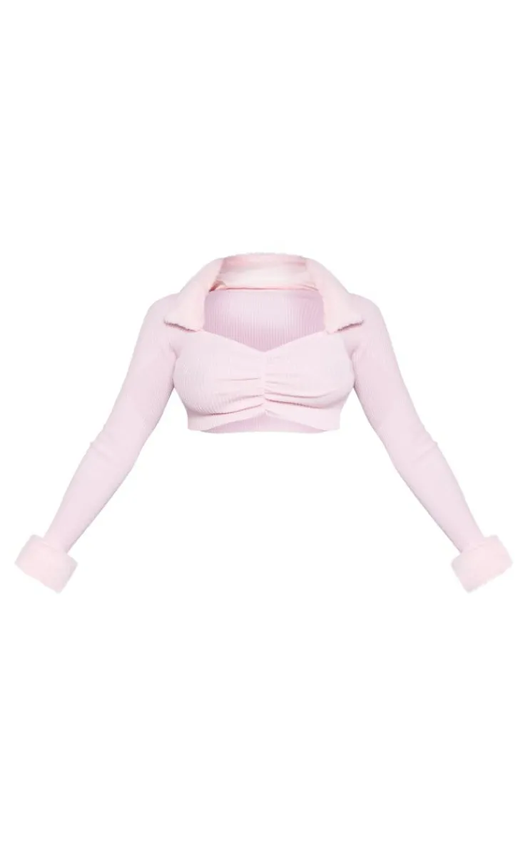 PrettyLittleThing Knitted Tops*Rib Knit Faux Fur Trim Ruched Front Crop Top