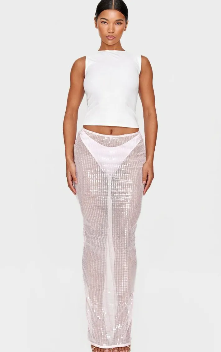 Pink Sheer Sequin Split Back Maxi Skirt