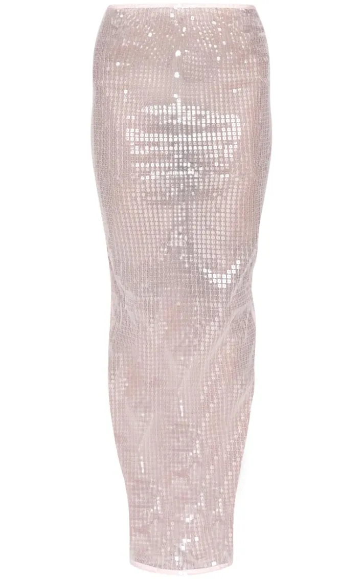 Pink Sheer Sequin Split Back Maxi Skirt