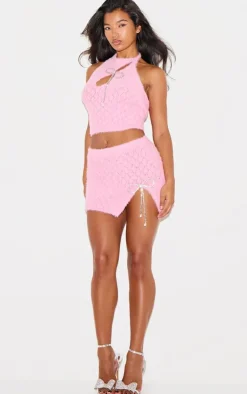 Online PrettyLittleThing Textured Eyelash Knit Bow Trim Mini Skirt Pink