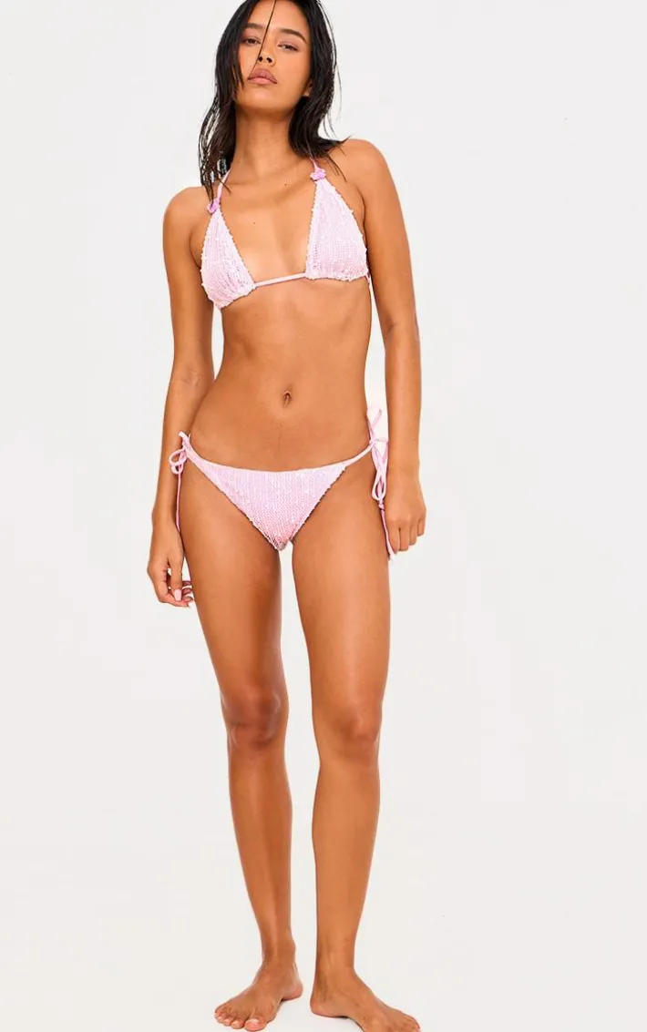 Pink Textured Overlay Tie Side Bikini Bottoms