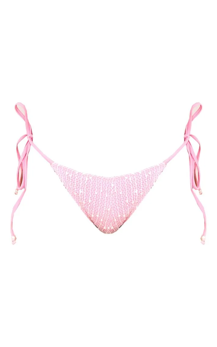 Pink Textured Overlay Tie Side Bikini Bottoms