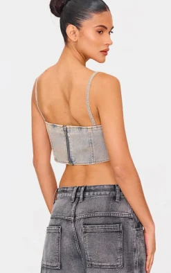PrettyLittleThing Corsets*Pink Tint Diamante Detail Curved Hem Denim Corset Top