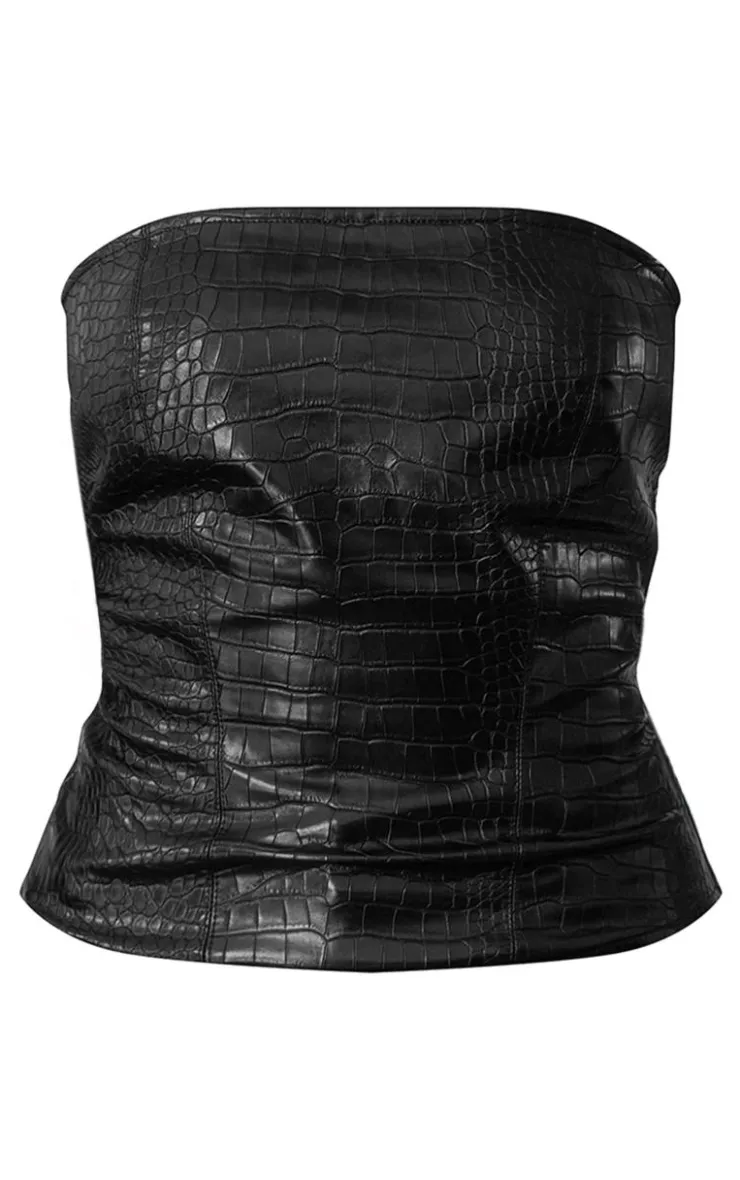 Hot PrettyLittleThing PLT Label Croc Faux Leather Bandeau Corset Black