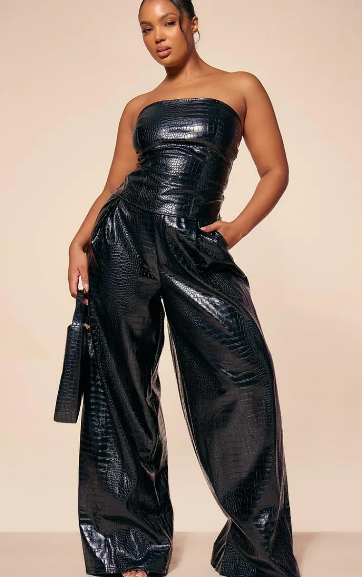 Outlet PrettyLittleThing PLT Label Plus Croc Faux Leather Wide Leg Tailored Pant Black