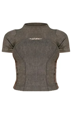 PrettyLittleThing Workout Tops*PLT SPORT Acid Wash Seamless Rib Metallic Badge Gym Top