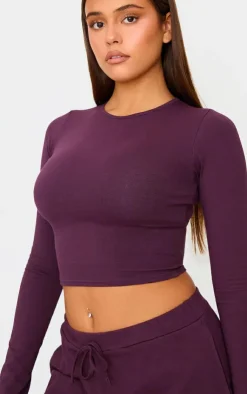 New PrettyLittleThing Cotton Jersey Long Sleeve Top Plum