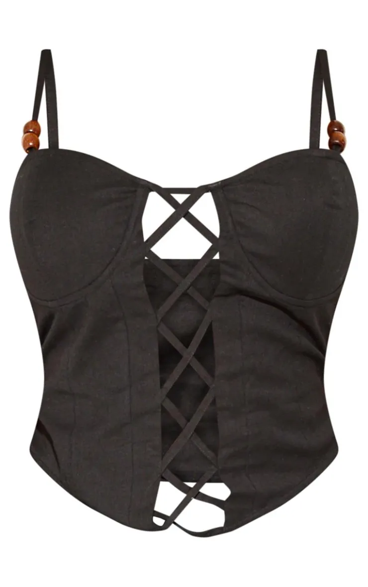 Online PrettyLittleThing Plus Bead Detail Lace Up Corset Top Black
