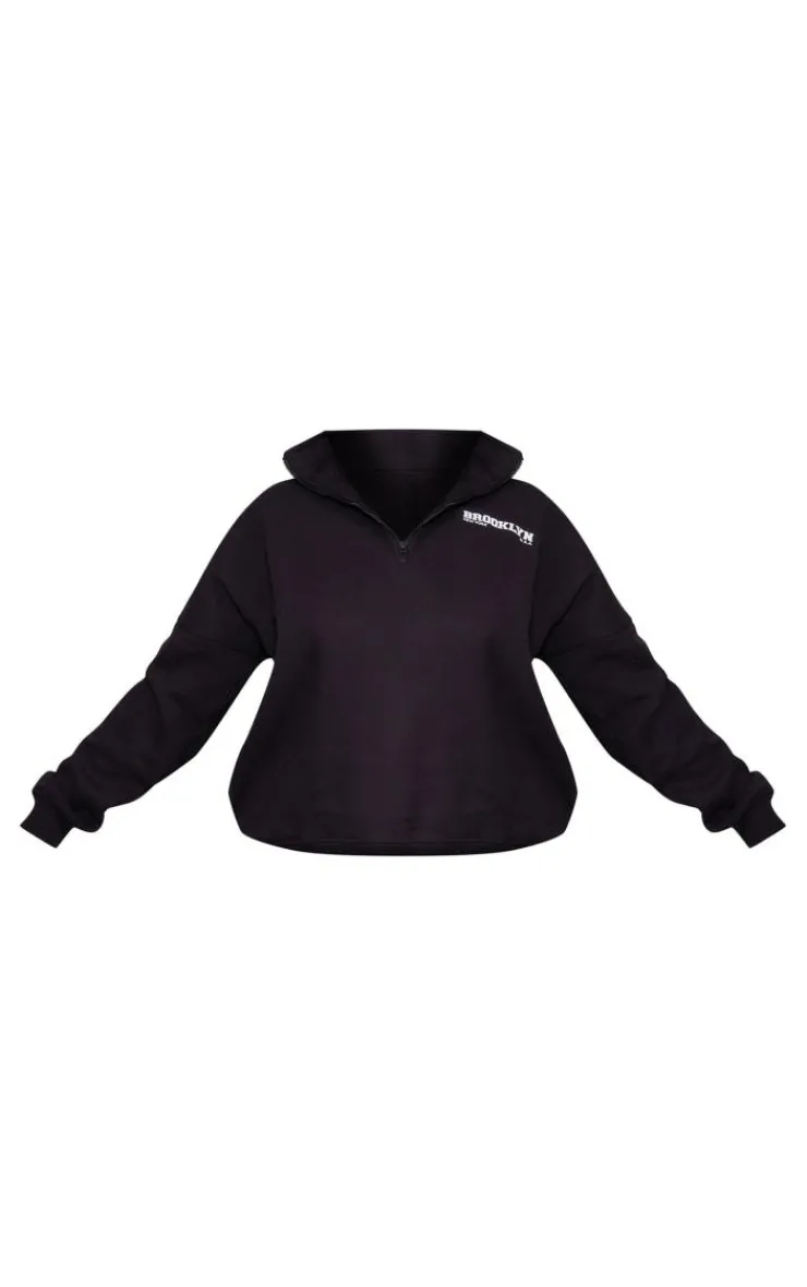 Outlet PrettyLittleThing Plus Brooklyn Print Half Zip Sweatshirt Black