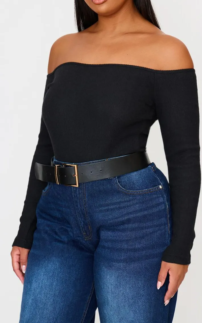 Plus Black Brushed Rib Bardot Long Sleeve Bodysuit