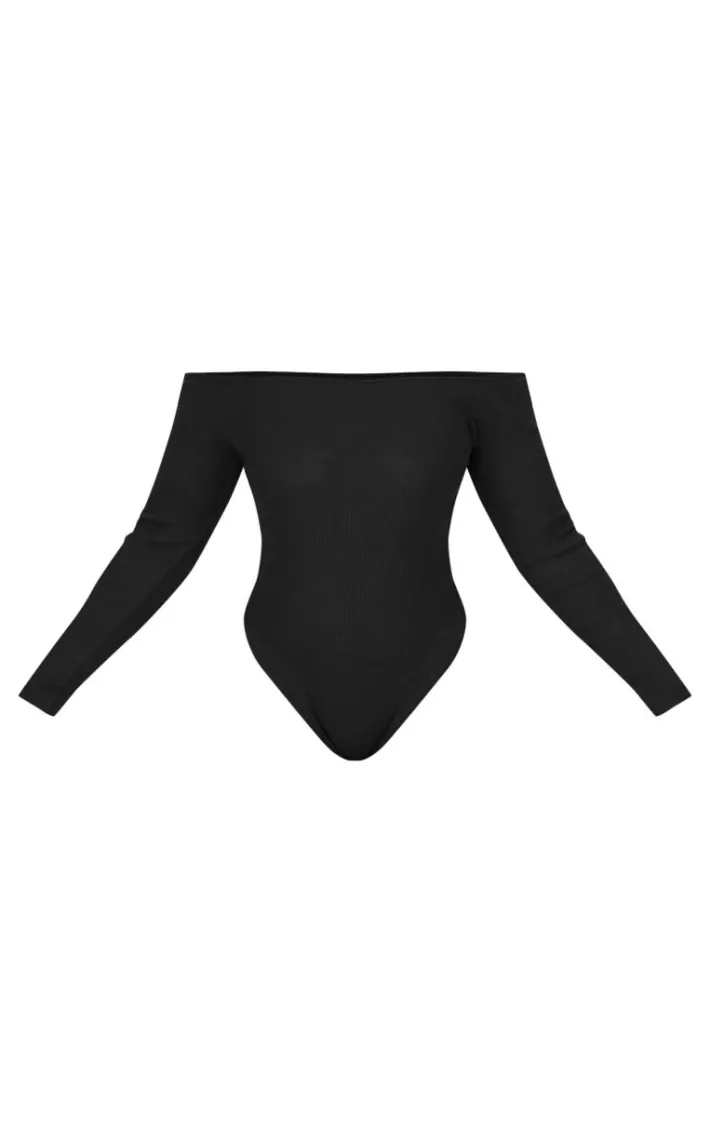 Plus Black Brushed Rib Bardot Long Sleeve Bodysuit