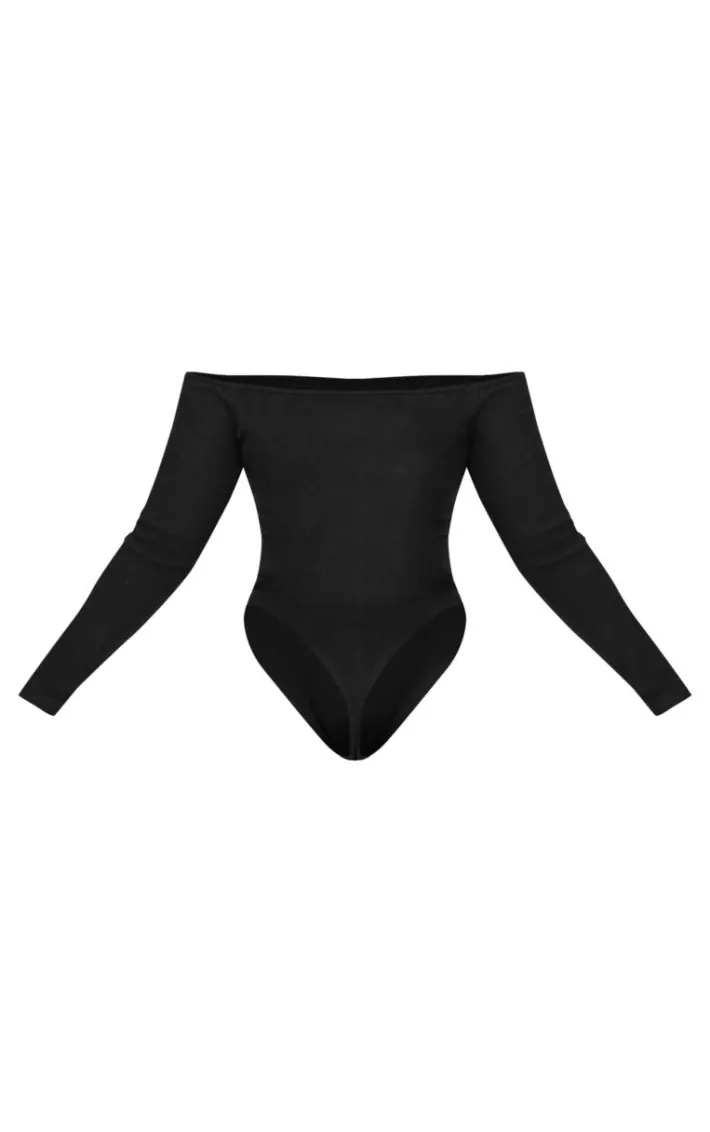 Plus Black Brushed Rib Bardot Long Sleeve Bodysuit