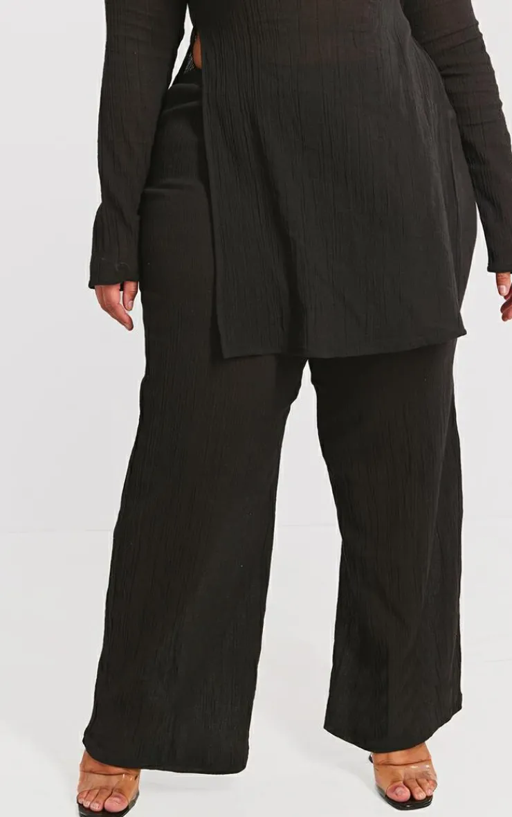 Online PrettyLittleThing Plus Cheesecloth Textured Wide Leg Pants Black