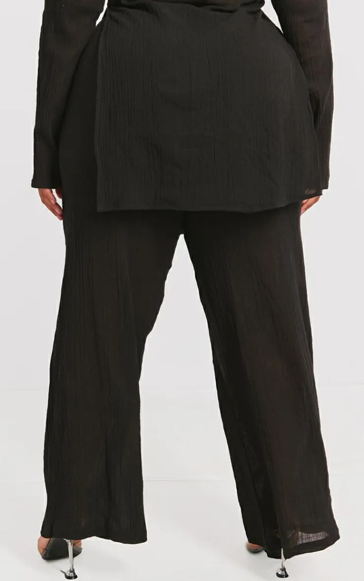 Online PrettyLittleThing Plus Cheesecloth Textured Wide Leg Pants Black