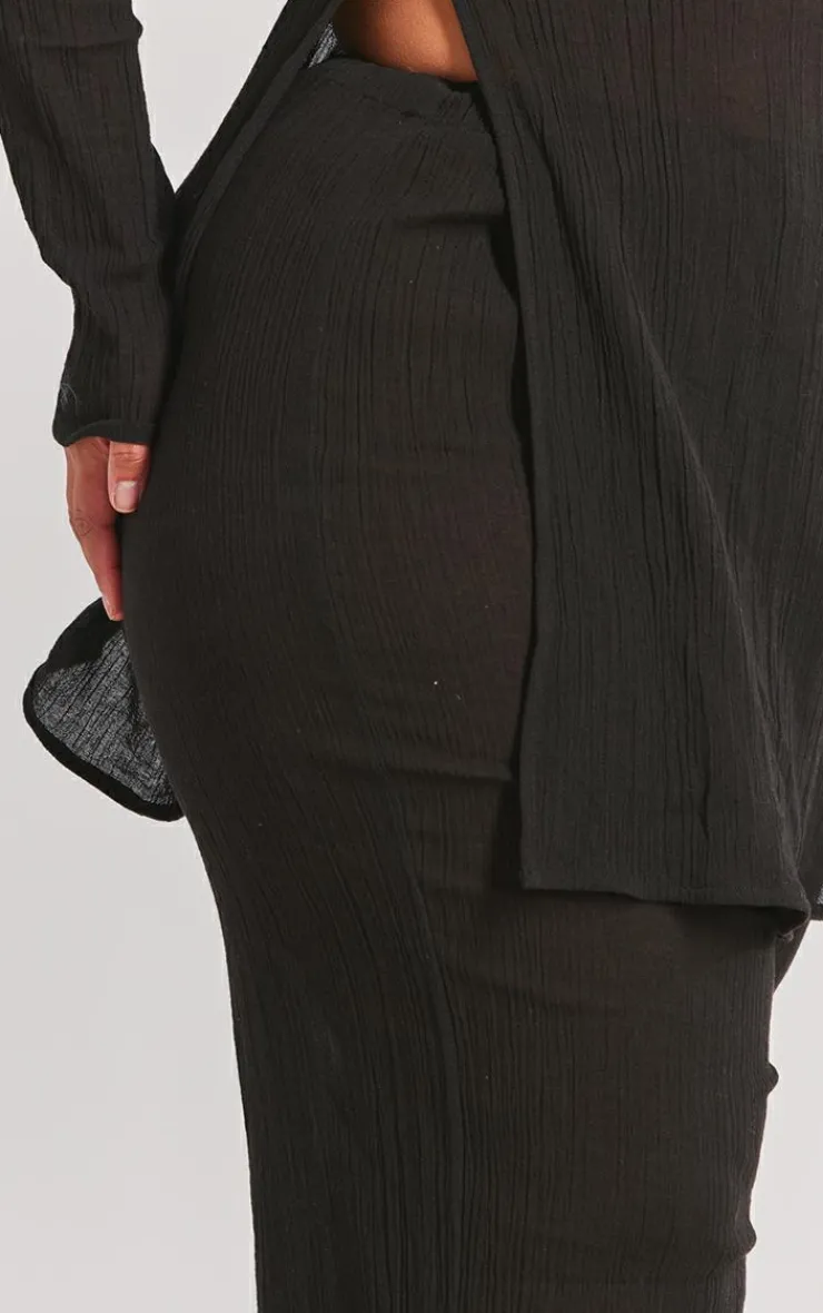 Online PrettyLittleThing Plus Cheesecloth Textured Wide Leg Pants Black