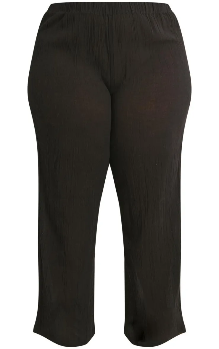 Online PrettyLittleThing Plus Cheesecloth Textured Wide Leg Pants Black