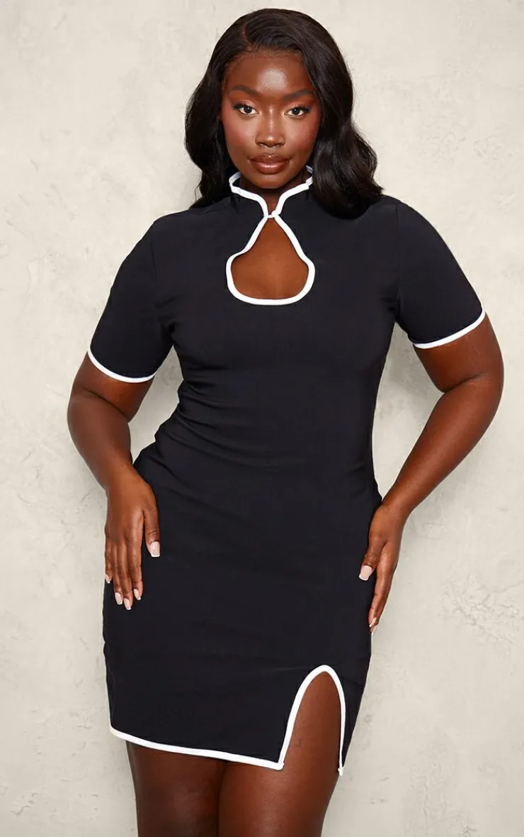 Plus Contrast Binding High Cut Out Neck Detail Bodycon Dress-PrettyLittleThing