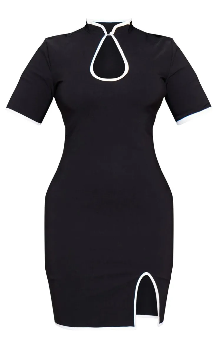 Plus Contrast Binding High Cut Out Neck Detail Bodycon Dress-PrettyLittleThing