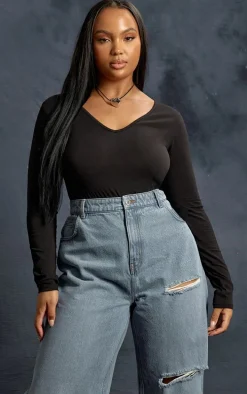 Plus Black Cotton V Neck Long Sleeve Bodysuit