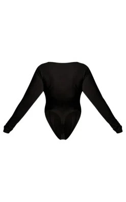 Plus Black Cotton V Neck Long Sleeve Bodysuit