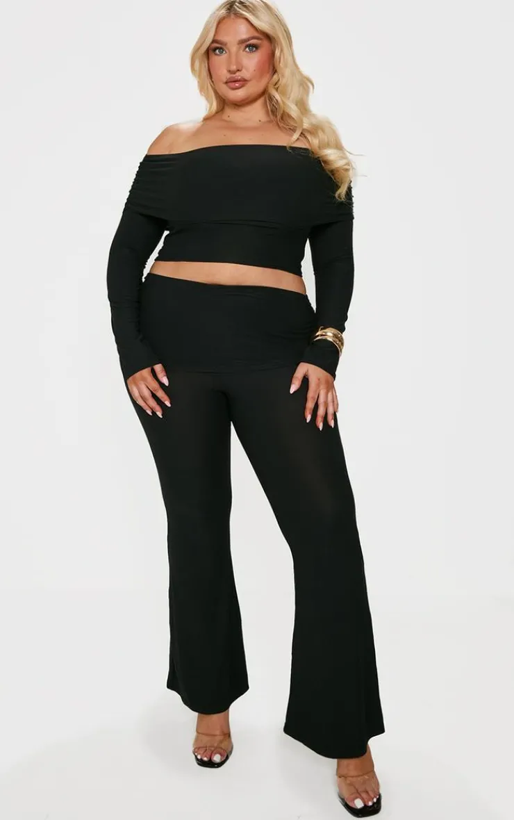 Hot PrettyLittleThing Plus Countour Jersey Bardot Long Sleeve Top Black