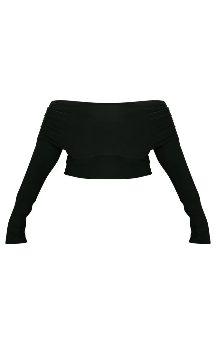 Hot PrettyLittleThing Plus Countour Jersey Bardot Long Sleeve Top Black