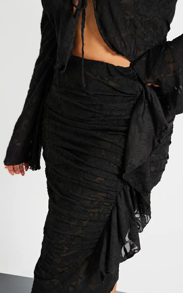 Outlet PrettyLittleThing Plus Devore Drape Ruched Midi Skirt Black
