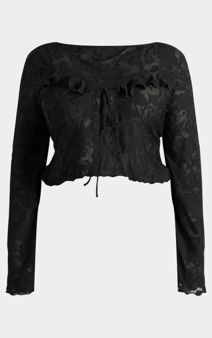 PrettyLittleThing Plus Devore Frilled Tie Crop Top Black