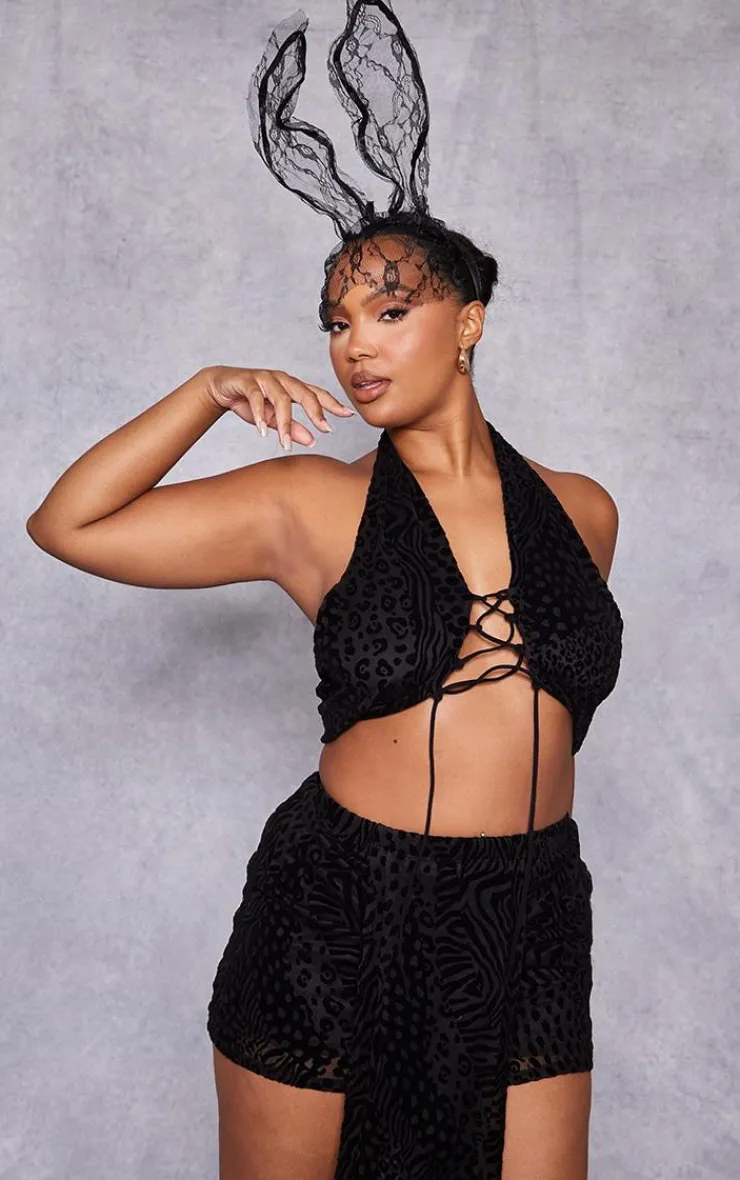 Outlet PrettyLittleThing Plus Devore Lace Up Top Black