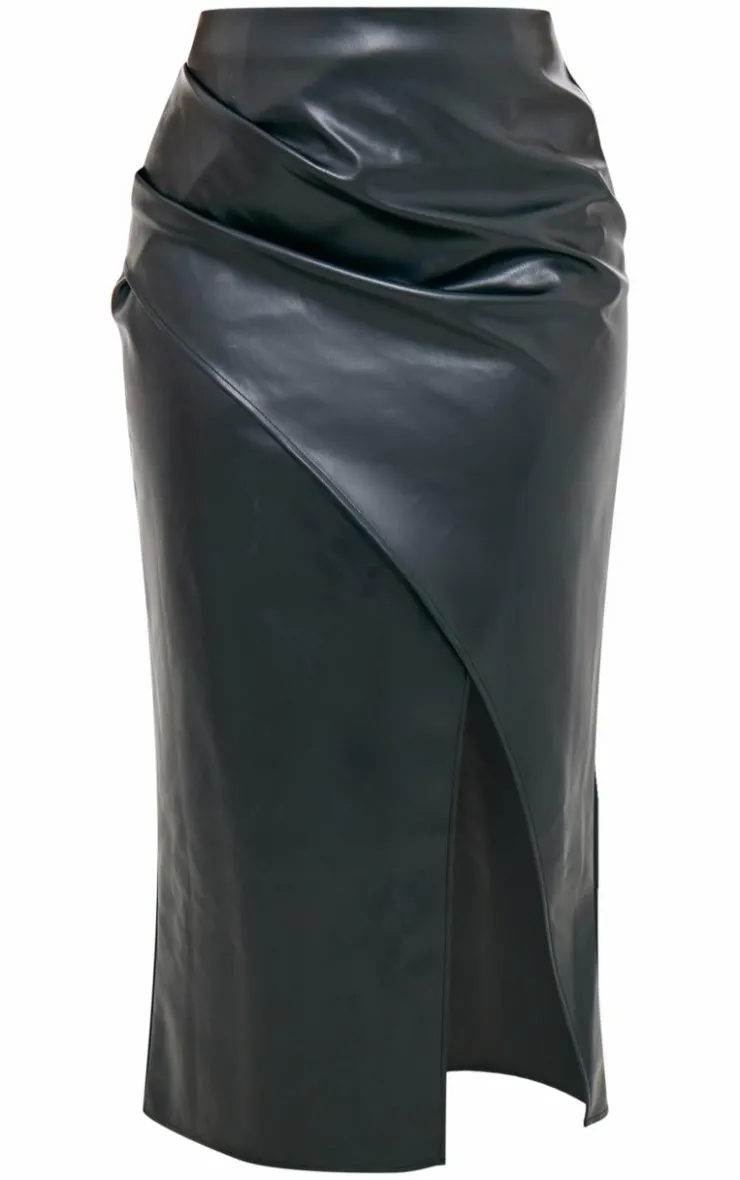 Clearance PrettyLittleThing Plus Faux Leather Asymmetric Midi Skirt Black