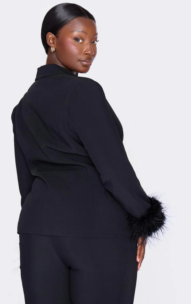 Outlet PrettyLittleThing Plus Feather Trim Blazer Black