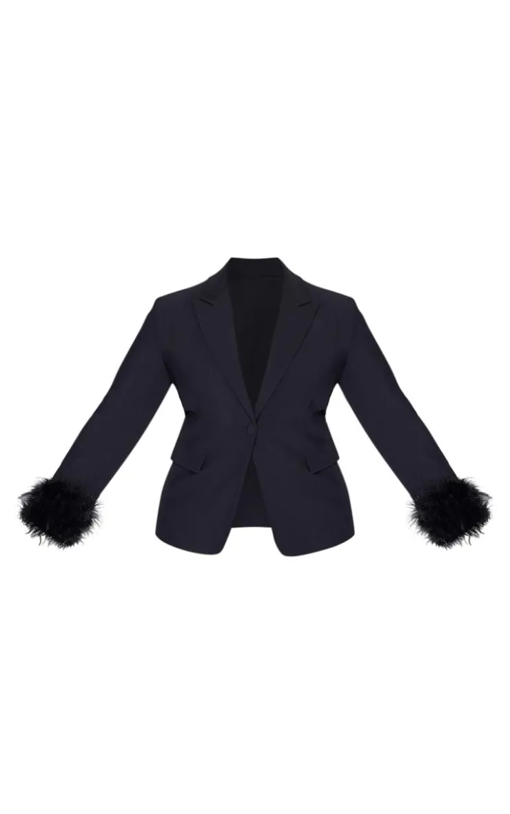Outlet PrettyLittleThing Plus Feather Trim Blazer Black