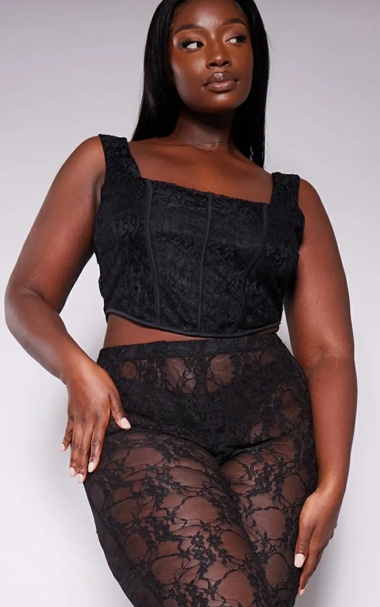 New PrettyLittleThing Plus Lace Squared Neck Corset Top Black