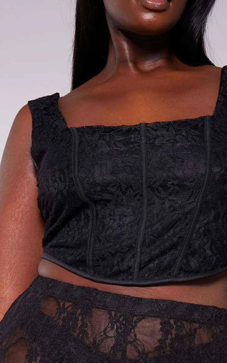 New PrettyLittleThing Plus Lace Squared Neck Corset Top Black