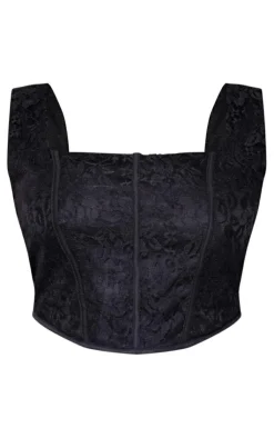 New PrettyLittleThing Plus Lace Squared Neck Corset Top Black