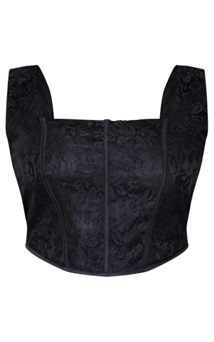 New PrettyLittleThing Plus Lace Squared Neck Corset Top Black