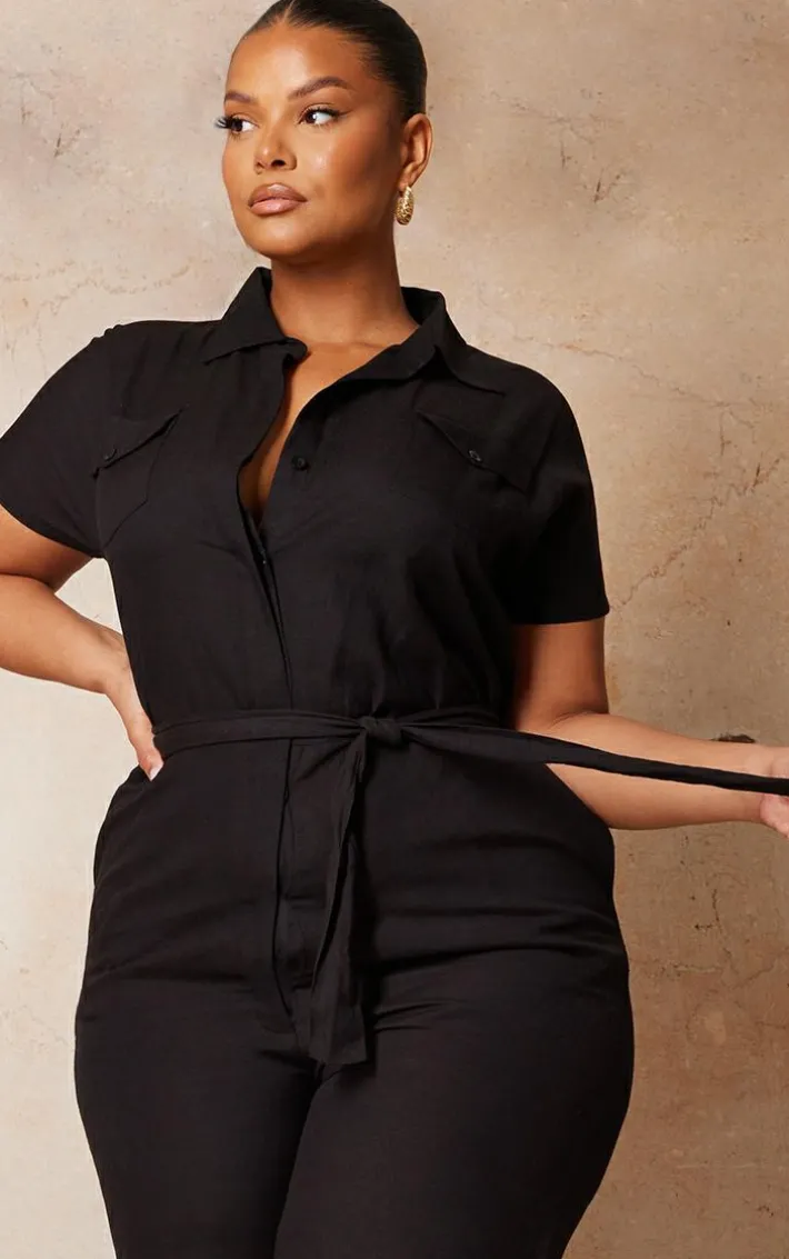 Plus Black Lightweight Belted Utility Jumpsuit