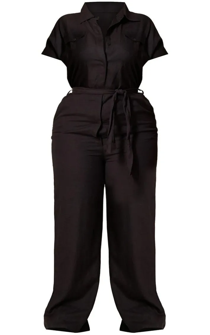 Plus Black Lightweight Belted Utility Jumpsuit