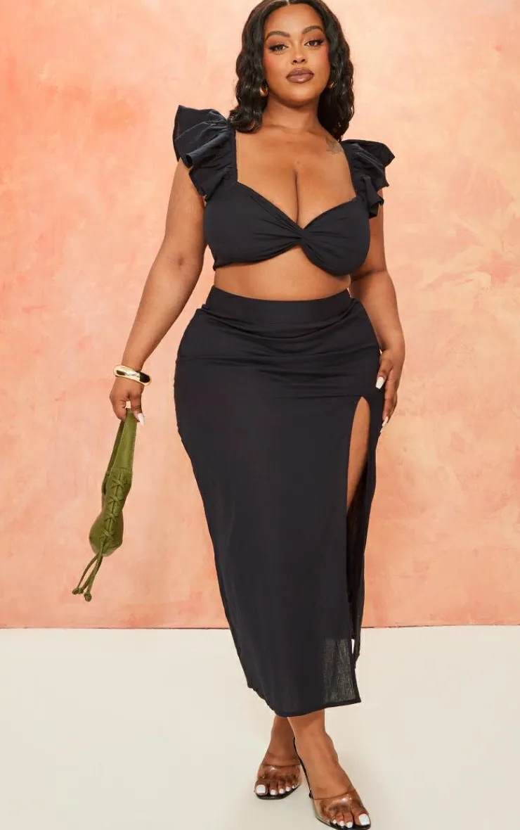 PrettyLittleThing Plus Linen Look Puff Sleeve Crop Top Black