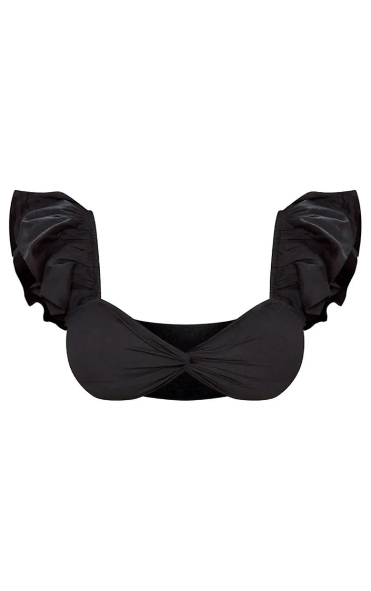 PrettyLittleThing Plus Linen Look Puff Sleeve Crop Top Black