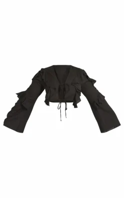 Plus Black Linen Ruffle Front Tie Front Cropped Shirt